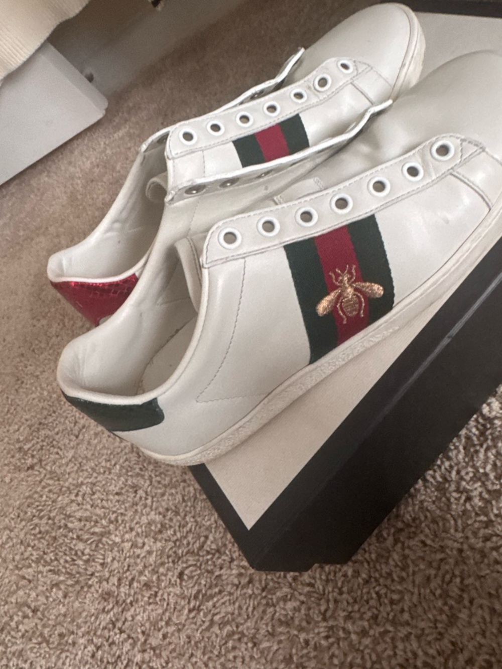 Gucci White Leather Ace Sneakers with Green & Red Web and Gold Bee Embroidery